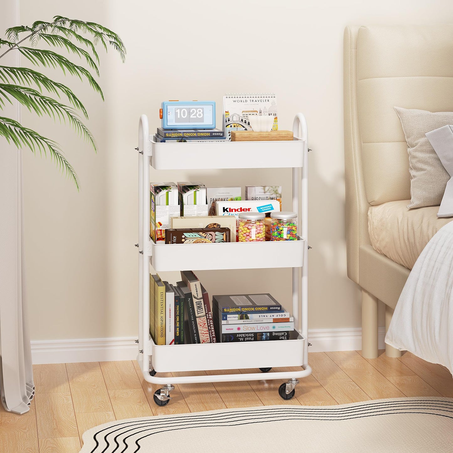 Boeeoan 3-Tier Utility Cart with Wheels, Rolling Cart, Storage Shelves, Multi-Functional Organizer Cart for Bathroom, Office, Kitchen, White