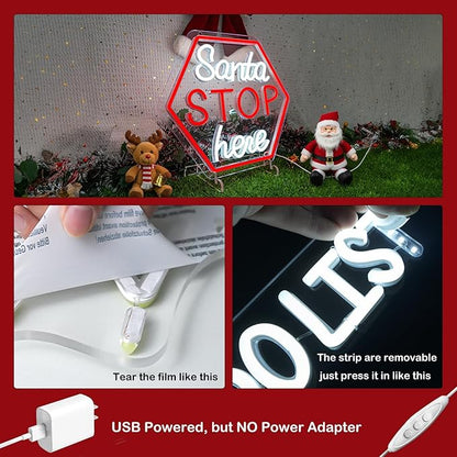 Santa Stop Here Neon Sign – Christmas LED Wall Light, Holiday Decoration for Home, Porch, or Party