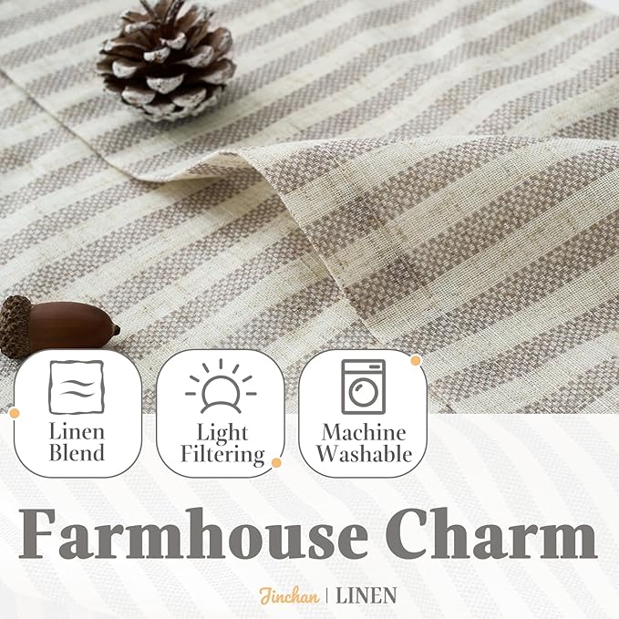 jinchan Striped Linen Kitchen Curtains with Attached Valance 24 Inch Length Cafe Tier Curtains for Living Room Rustic Half Window Light Filtering Rod Pocket Small Drapes 2 Panels Taupe Grey
