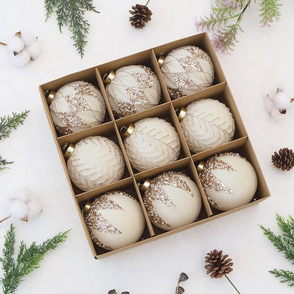 4inch Velvet Ornaments for Christmas Tree, 9PCS Glitter Flocked Christmas Ornaments Decorations Balls Set Decor Beige