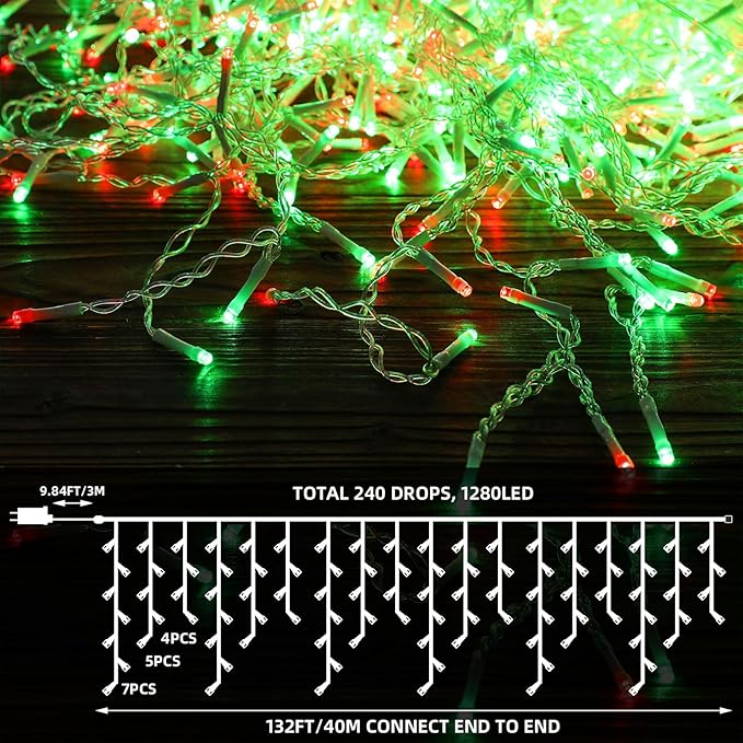 132 Ft 1280 LED Christmas Icicle Lights Extra Long 8 Modes Waterproof Icicle String Light with 240 Drops, Fairy Hanging Lights Decor with Remote for Xmas Wedding Indoor Outdoor Red and Green