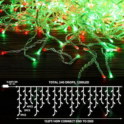 132 Ft 1280 LED Christmas Icicle Lights Extra Long 8 Modes Waterproof Icicle String Light with 240 Drops, Fairy Hanging Lights Decor with Remote for Xmas Wedding Indoor Outdoor Red and Green