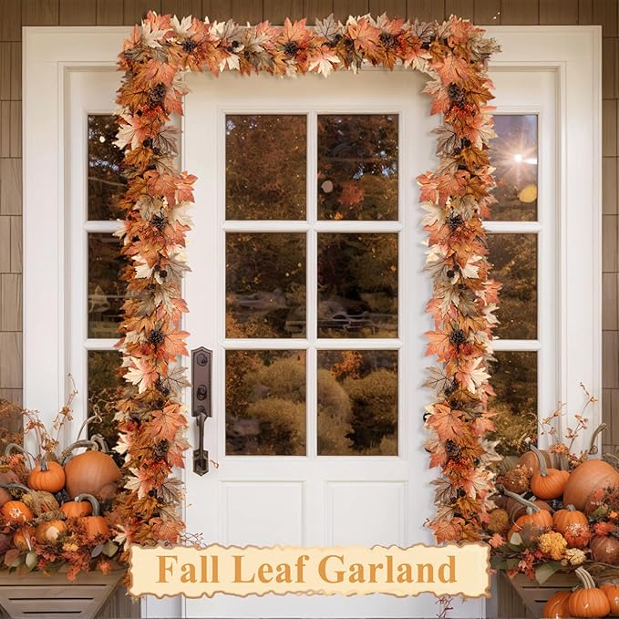 6 FT Fall Garland with Lights Timer Function Fall Leaves Garland with Berries Pine Cones Realistic Autumn Automatic ON/Off Timer Fall Decorations for Home Mantle Fireplace Porch Table