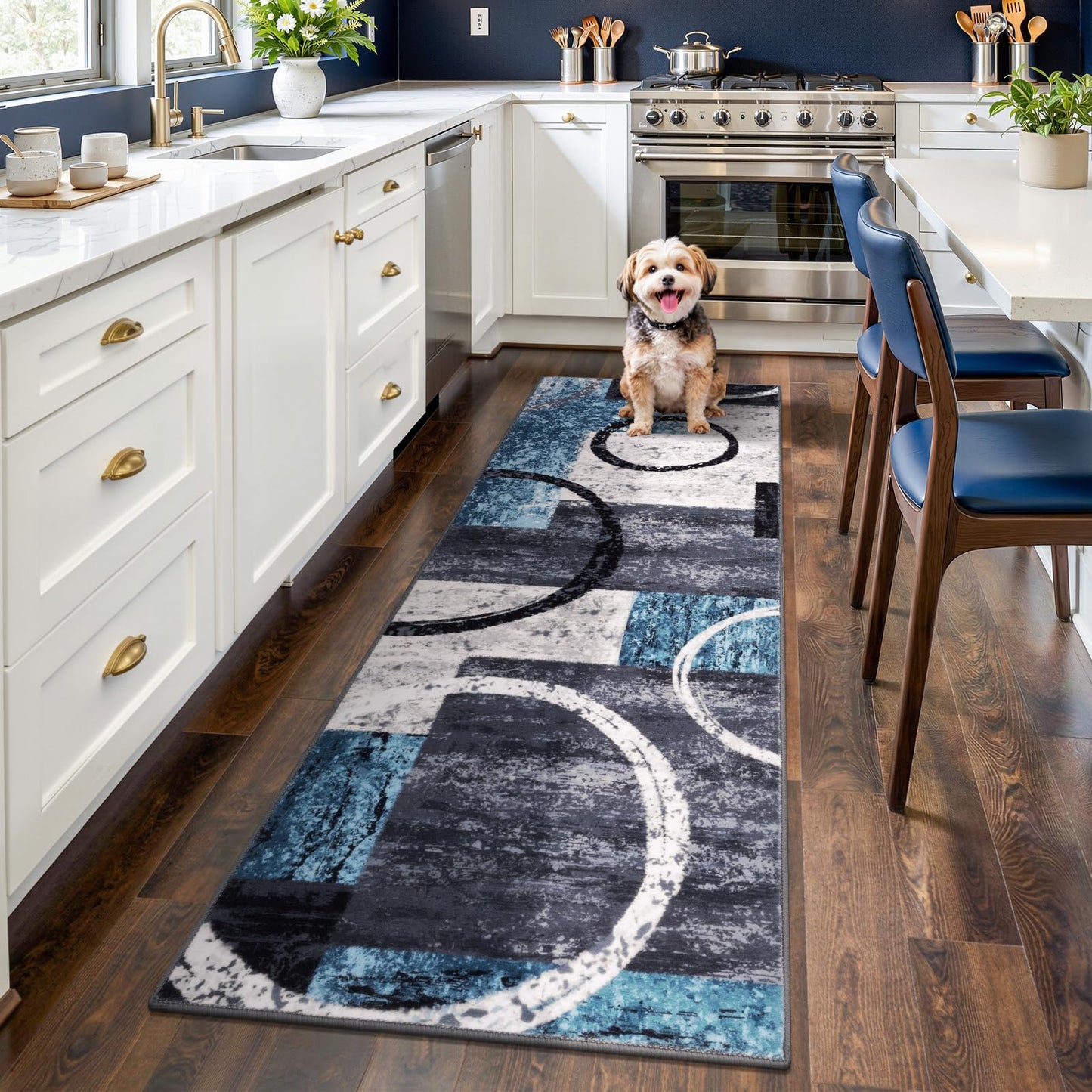 Yamaziot Modern Abstract Runner Rug, 2x6 Washable Kitchen Runner with Non-Slip Backing, Ultra Soft Rug Runners for Hallway Low Pile Carpet for Entryway, Laundry, Bedroom (Blue, Geometric Circle)