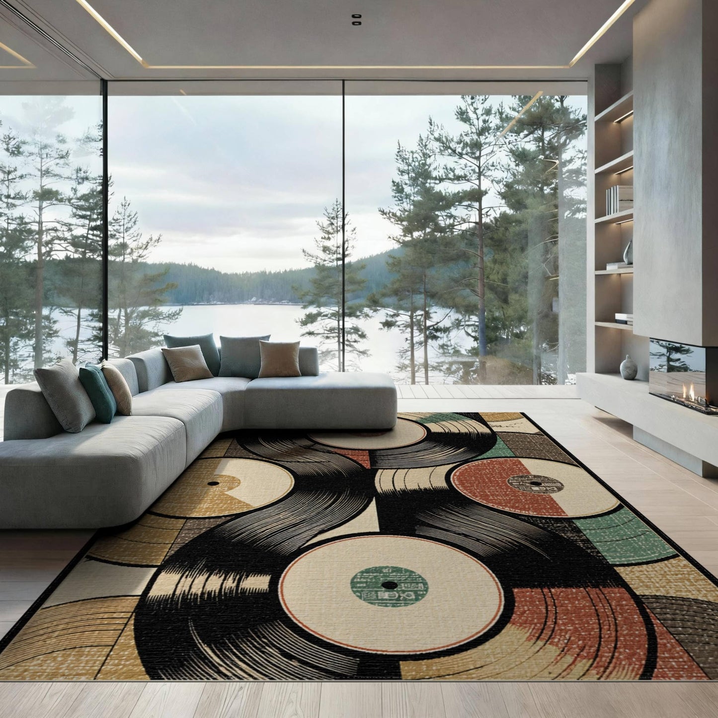 ODIKA 8'x10' Washable Area Rug - Vinyl Record Retro Music Brown Non-Slip Foldable Large Carpet for Living Room, Dining Room, King Size Bedroom, Flatwoven | Ref: 147071