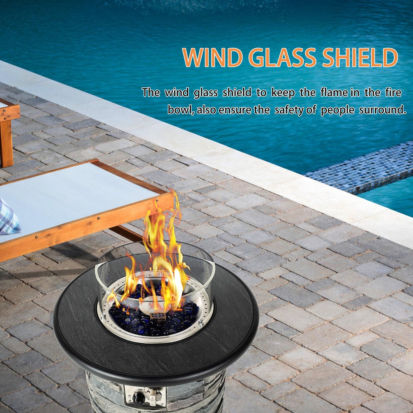 BAIDE HOME Outdoor Propane Fire Pit Table, Round Porcelain Tile Top 22" Fire Bowl Column W/ 40,000 BTU Firepit Table Auto-Ignition 400D Cover Glass Rocks for Outside Patio