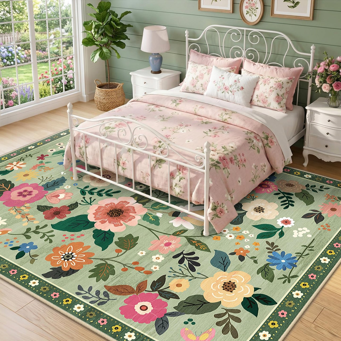 RELEANY Floral 5x7 Area Rugs Washable Print Boho Cute Carpet Non Slip Flower Low Pile for Living Room Bedroom Kitchen Office Farmhouse-Light Green