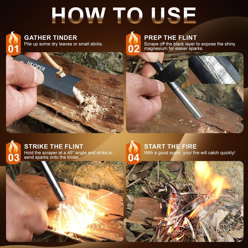 Hkoper Ferro Rod Fire Starter with Striker, Flint and Steel Fire Starter, 6" x 3/8" Survival Tool, 15,000+ Strikes, Large Sparks in Any Weather, Camping Hiking Bushcraft Gear