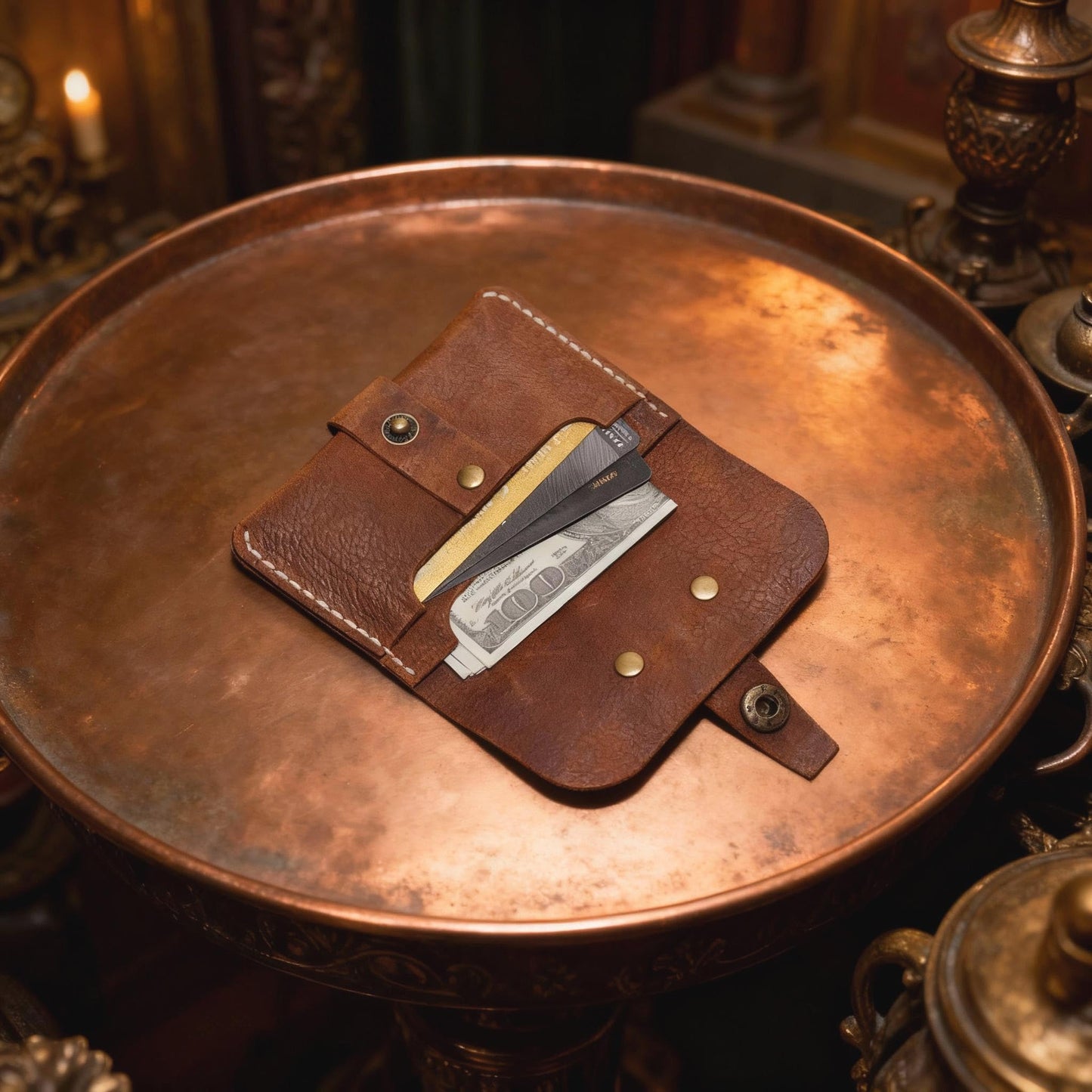 JingRongDa Handmade Vintage Cowhide Leather Card Holder Wallet, Retro Brown Leather Card Case with Snap Closur (Light brown)