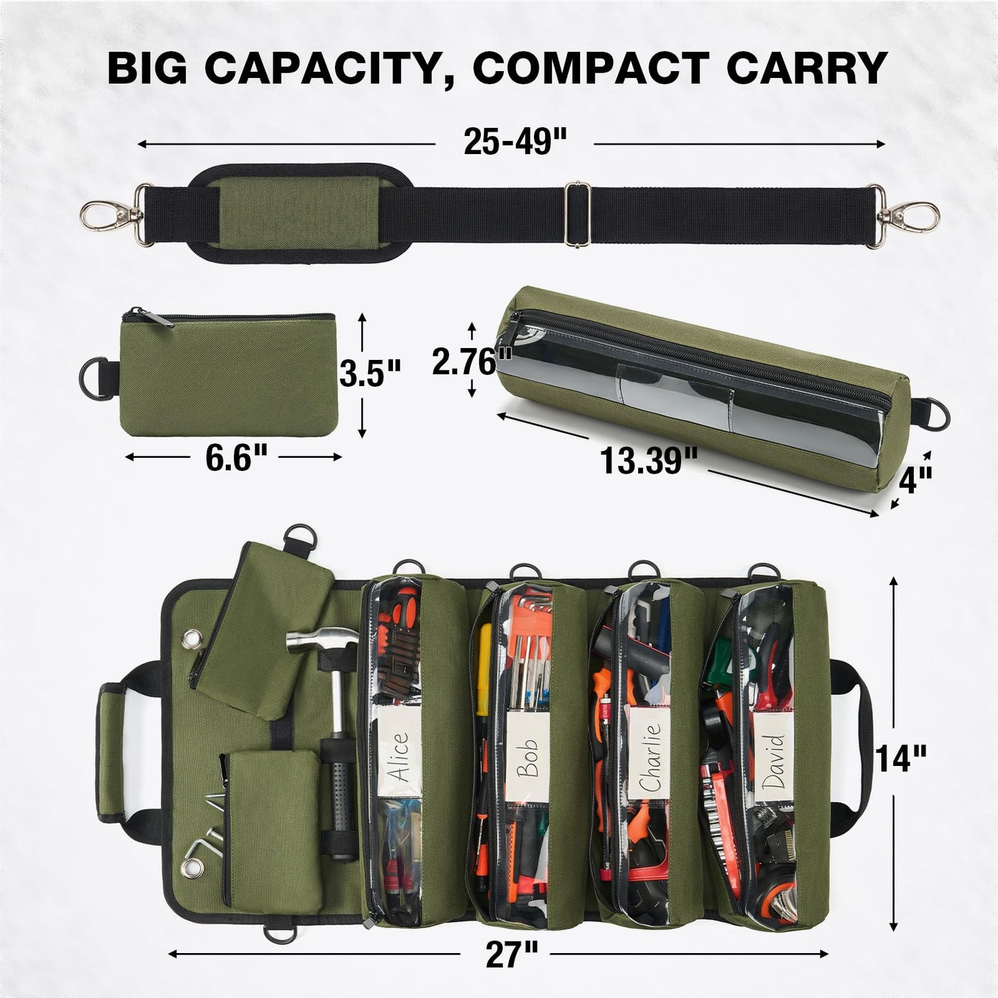 HISEA Roll Up Tool Bag, Heavy Duty Tool Storage Large-Capacity, 27"*14" Portable Tools Organizer with Utility Detachable Pouches, Waterproof Tool Roll Bag for Mechanic, Electrician, Gifts
