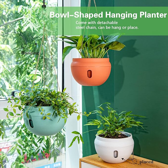 Sungmor 2PC 6.5" & 8.7" Dia. Self Watering Hanging Planters, Strong Plastic Hanging Flower Pots, Decorative Indoor Outdoor Hanging Basket, Garden House Porch Yard Detachable Base Suspended Plant Pots