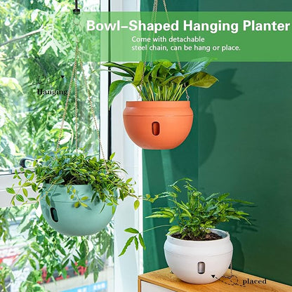 Sungmor 2PC 6.5" & 8.7" Dia. Self Watering Hanging Planters, Strong Plastic Hanging Flower Pots, Decorative Indoor Outdoor Hanging Basket, Garden House Porch Yard Detachable Base Suspended Plant Pots