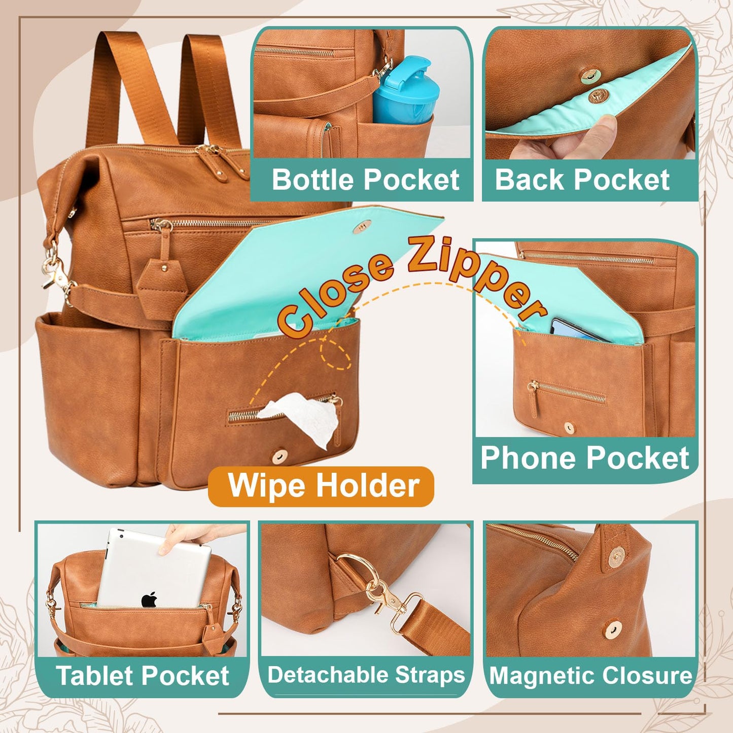 MOMINSIDE Diaper Bag - Leather Convertible Backpack Hobo, Large Mom Baby Bag, 14 Pockets, 6 Bottle, Wipes, Insulated (Brown)