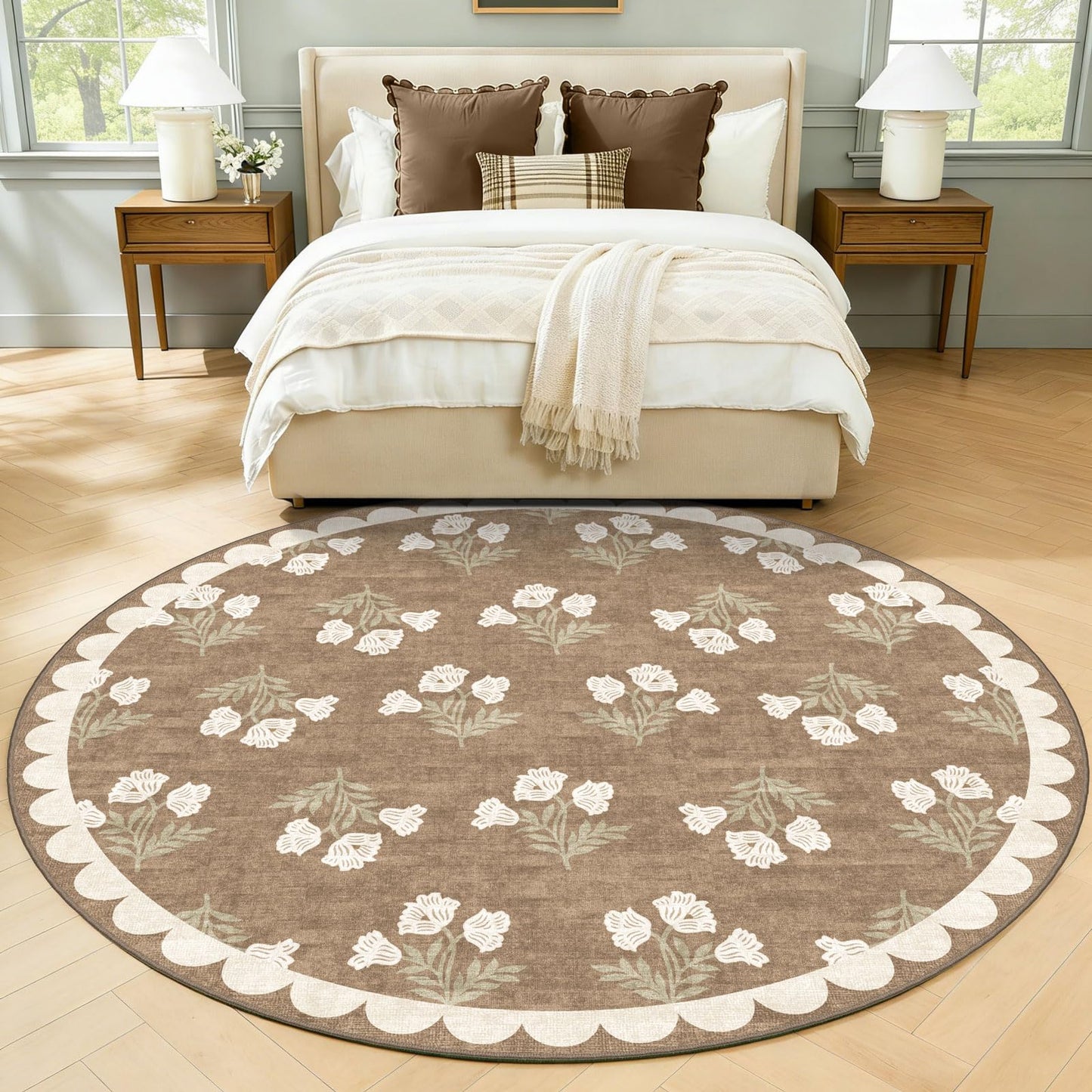 Othilic Tan 6ft Round Area Rug for Living Room - Large Washable Floral Neutral Farmhouse Scalloped Circle Rug for Bedroom Stain Resistant Dining Room Rugs for Under Round Table Carpet for Living Room
