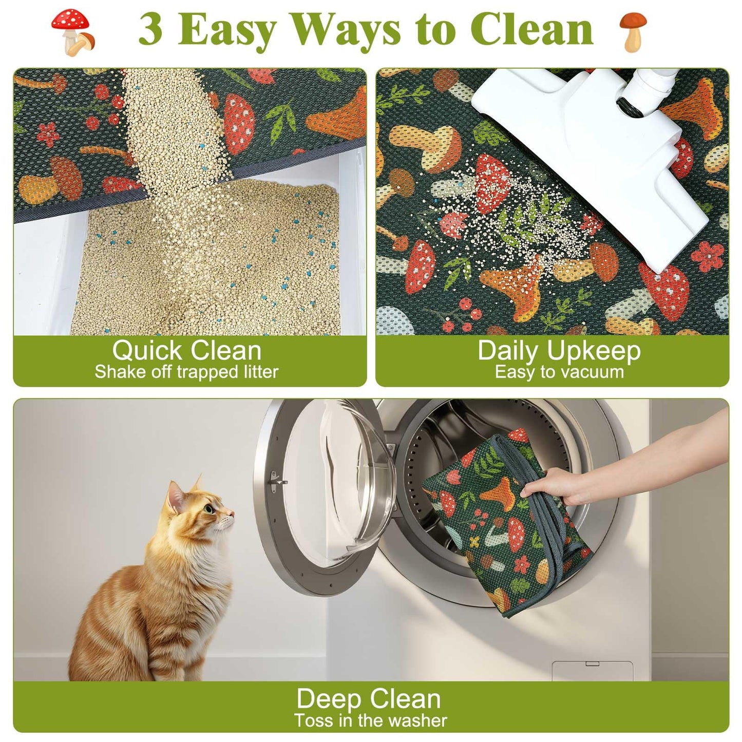 Unicorn Catcher 40X30in Cat Litter Mat Machine Washable Soft 3D Air Mesh Litter Box Rug Non-Slip Backing Quick Dry Scatter Control for Paws,Green Mushrooms