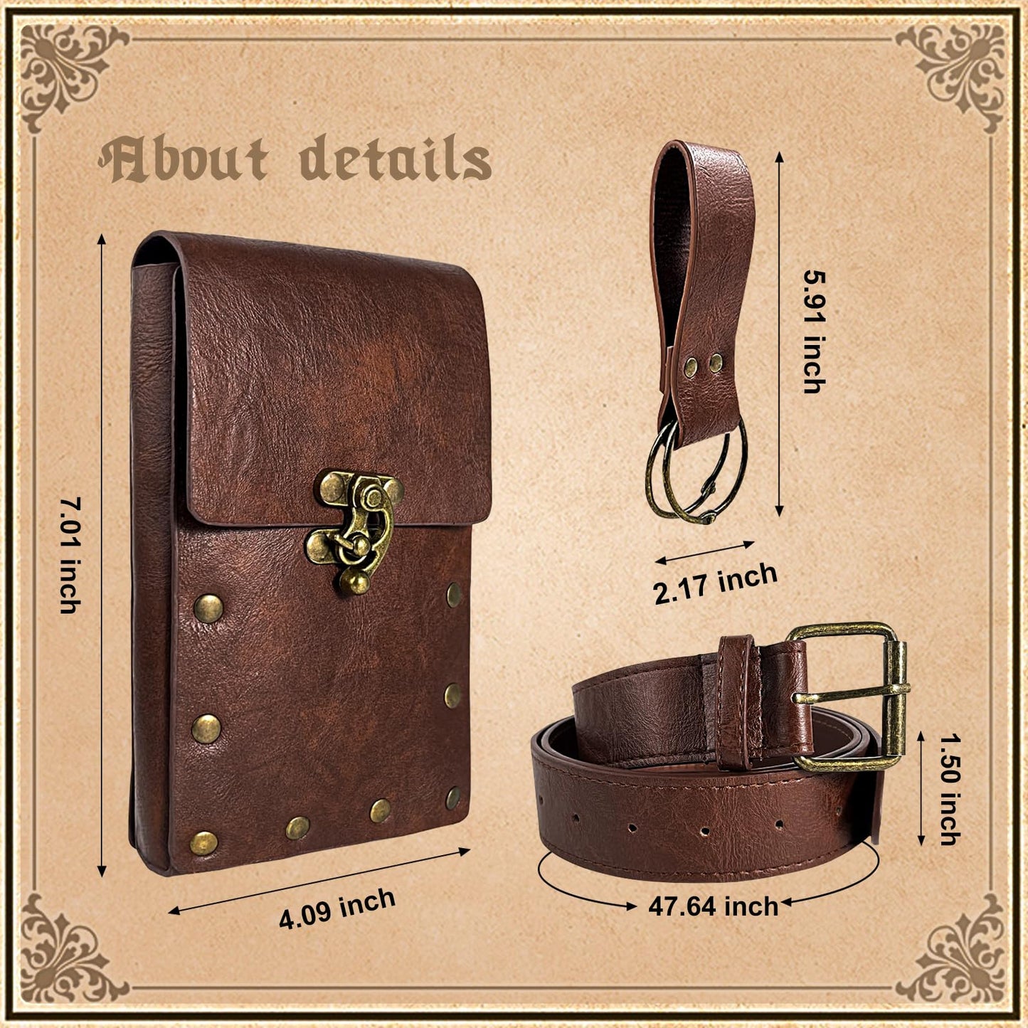 WooHand Renaissance Belt Bag Waist Bag Punk Medieval Leather Belt Bag Skirt Set, LARP Role-Playing Clothing Easter Retro Accessories (Brown)