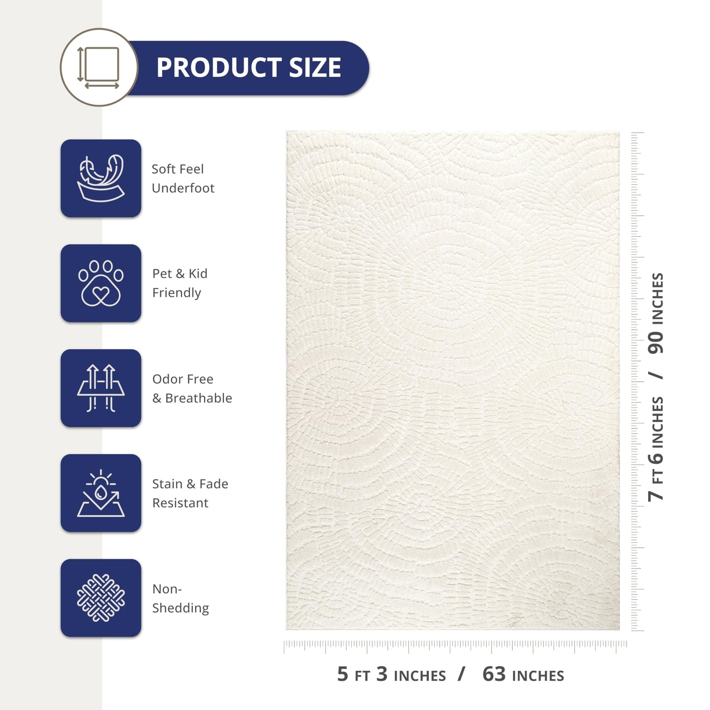 Abani Cozy Cream Area Rug for Living Room, Bedroom - Textured Floral Circle Pattern - 5' x 8' - Durable & Easy to Clean