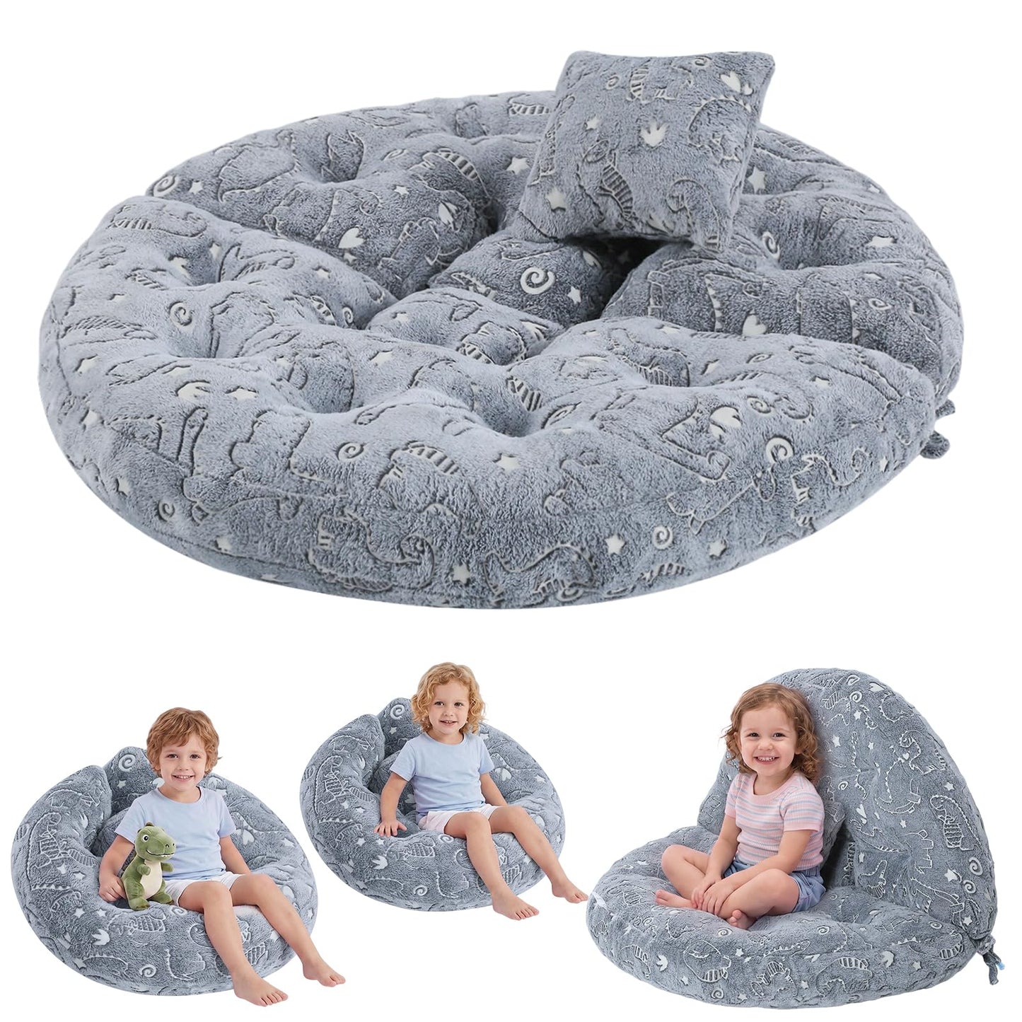 blue page Circle Kids Play Mat 5.9 in Thick, 5-in-1 Comfy Padded Playmat for Ages 3+, Glowing Round Floor Rug for Nursery Playroom Reading Corner, 47x47 in Grey Dinosaur