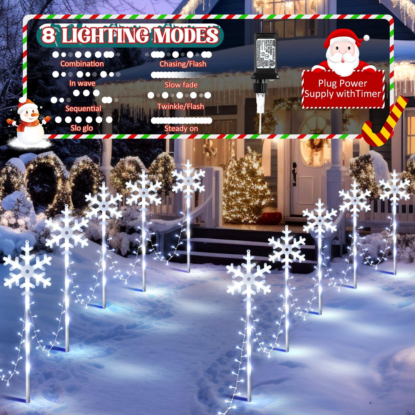 ElectricWise 10 Pcs Christmas Snowflake Pathway Stake Lights for Outdoor Yard, 370 Bright LEDs Waterproof Large Christmas Snowflake Light Decoration for Garden Lawn Driveway Walkway Decor(Cool White)