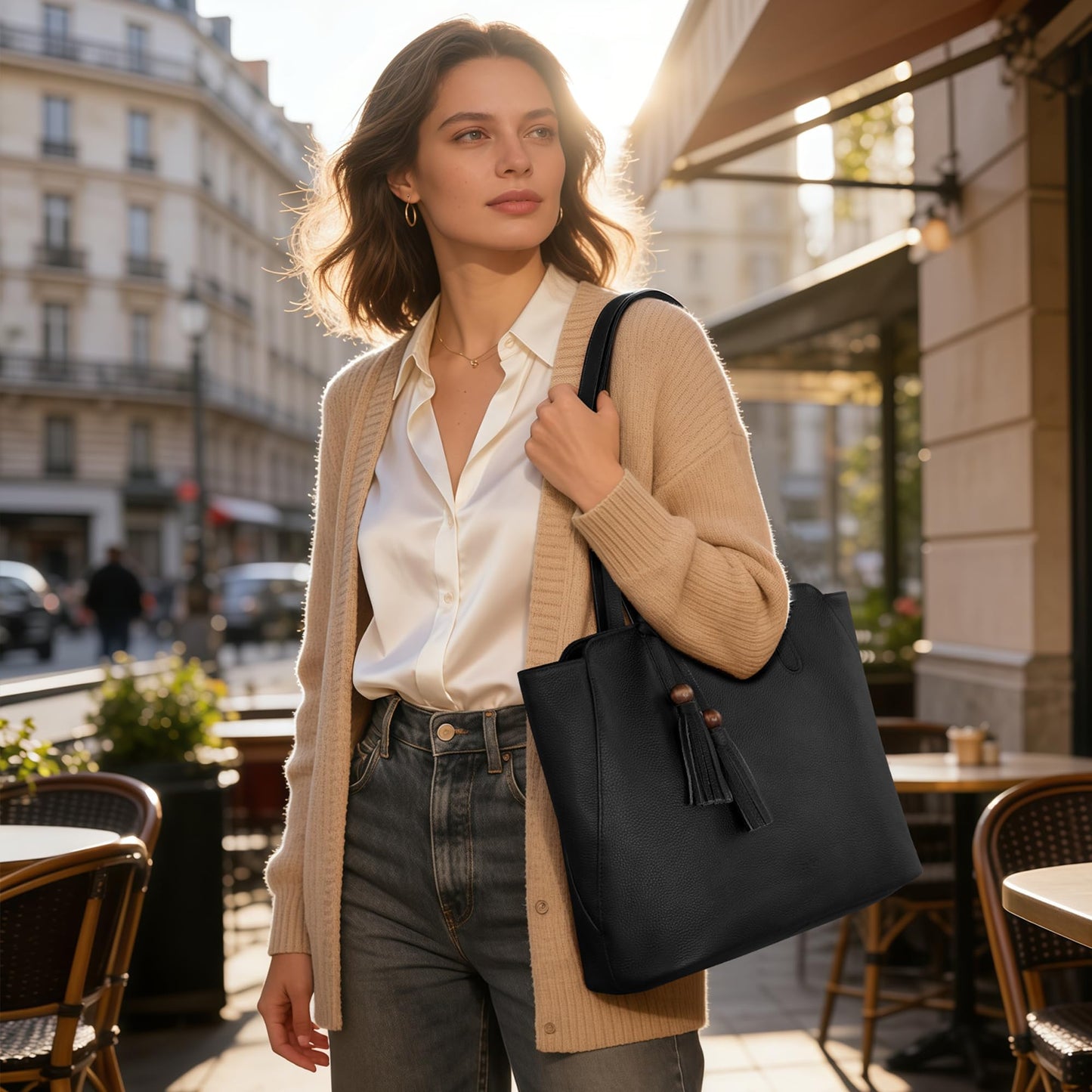 befen Genuine Leather Tote Bag for Women Work, Womens Tote Bag, Casual Leather Large Purses Black Leather Shoulder Bag with Compartments for Shopping Office Travel Daily Use