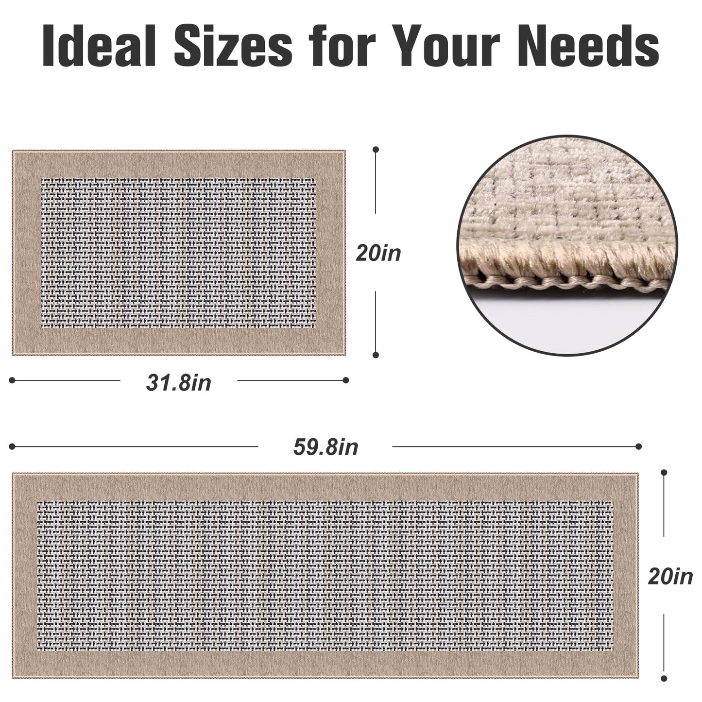 StepRite Kitchen Mats for Floor, Non-Slip Kitchen Rugs Set of 2 PCS, Super Absorbent Washable Kitchen Mats with Rubber Backing, Runner Mats for Front of Sink (20"x32"+20"x60" Khaki)