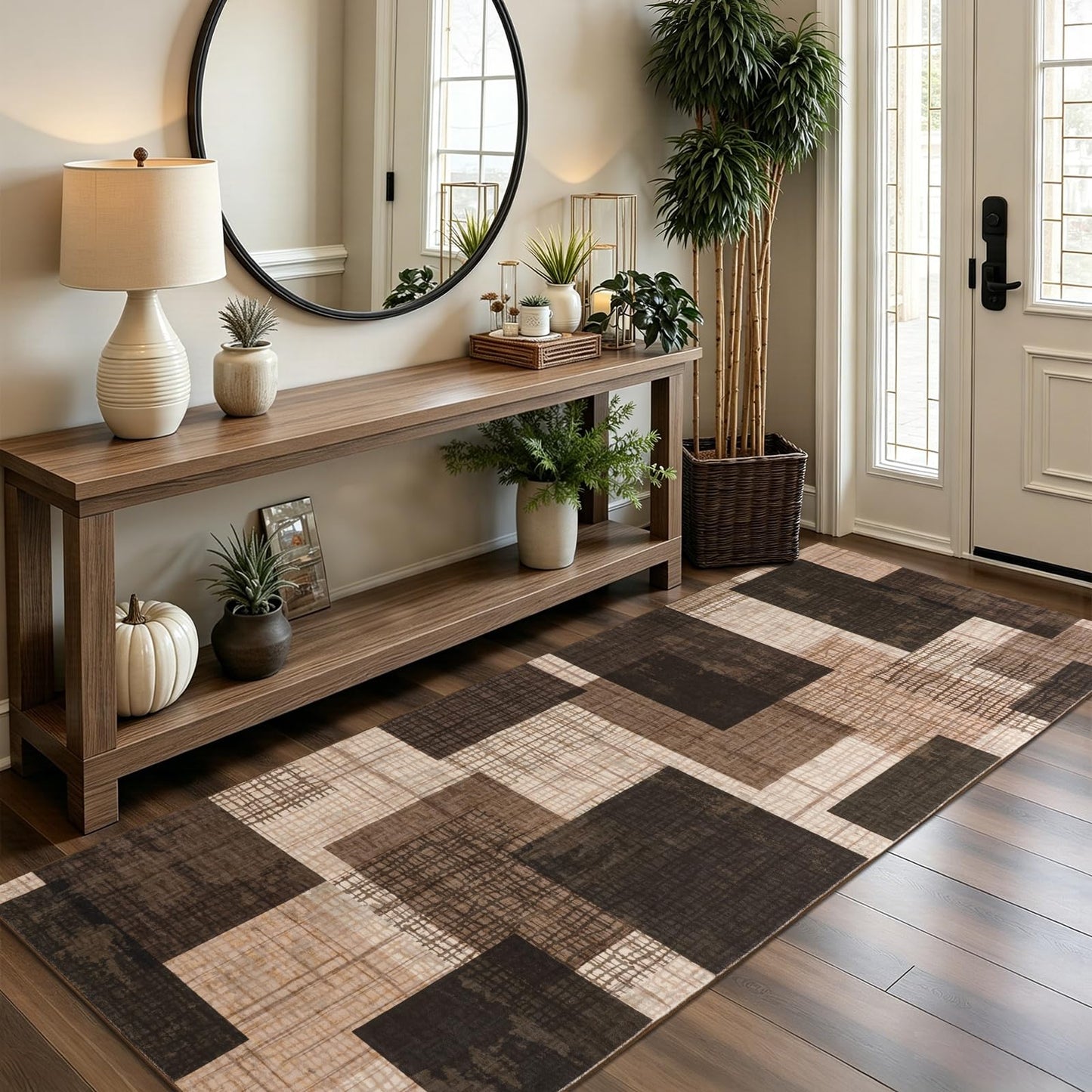 Ailyei Washable 2x6 Runner Rug for Hallway Kitchen Bedroom, Modern Geometric Patchwork Grid Print Non Slip Carpet, Soft Stain Resistant Long Runner with Rubber Backing, Chocolate