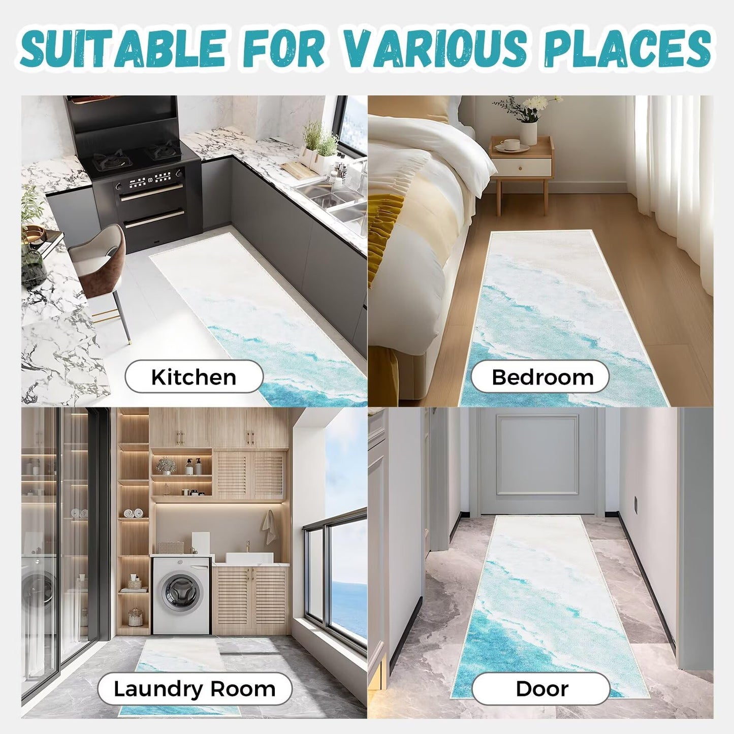 Beach Pattern 2x6ft Runner Rug Non Slip Washable Kitchen Runner Rug with Rubber Backing，Low-Pile Soft Washable Runner Rugs for Hallway Entryway Kitchen Bedroom Living Room Bathroom