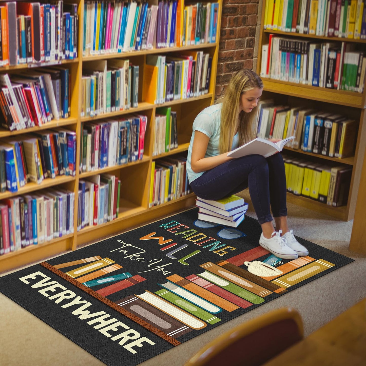 HunnmingRe Vintage Classroom School Rug Library Rug Bookshelf Area Mat Washable Non Slip Soft Fluffy Mat for Classroom Library Living Room Bedroom, 5 x 7 Feet