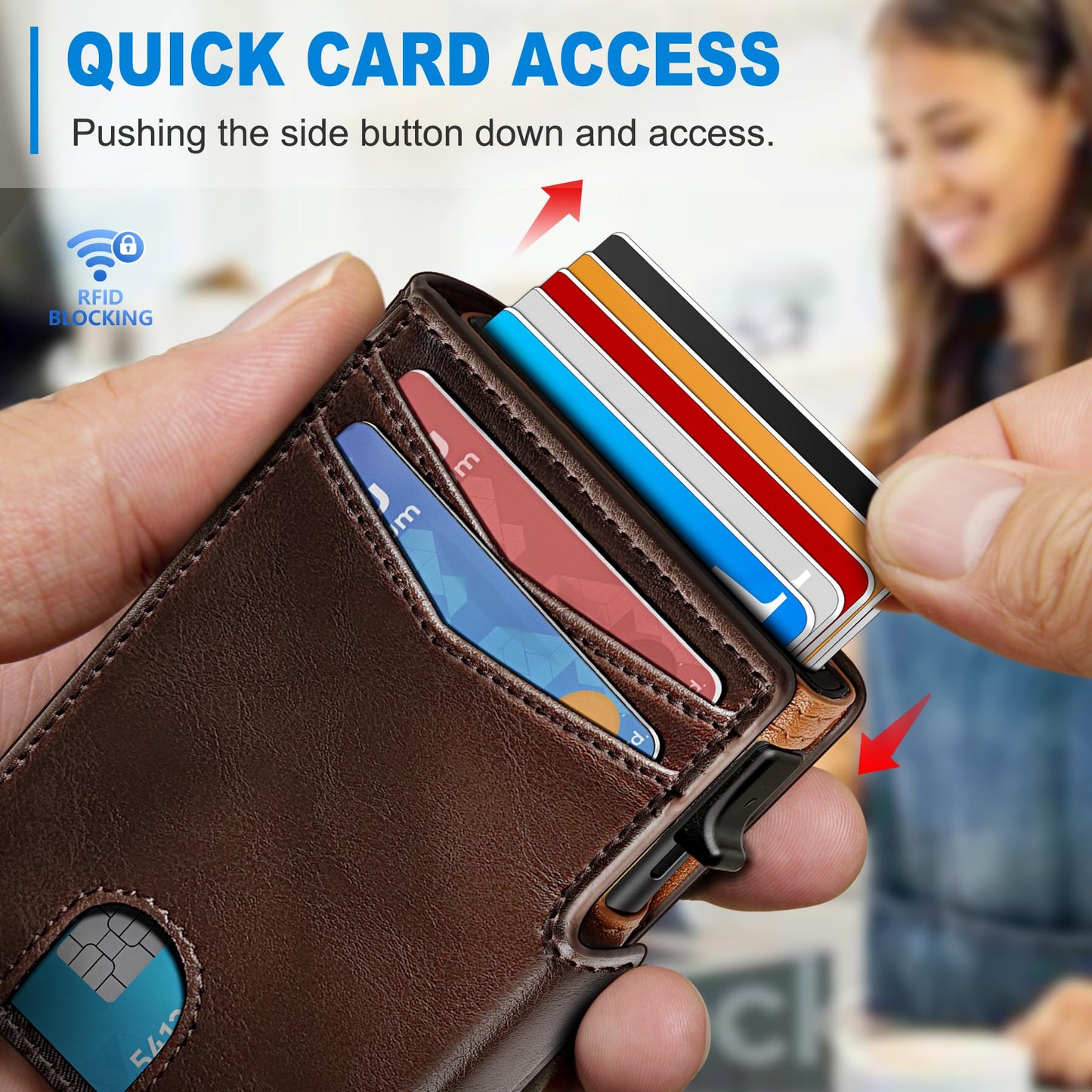 miyozi Wallet for Men, Magnetic Minimalist Slim Wallet with Pop Up Card Holder, 9 Cards RFID Blocking Metal Credit Card Case, Leather Wrapped Money Clip, ID Window & Small Item Slot, Gift Boxed