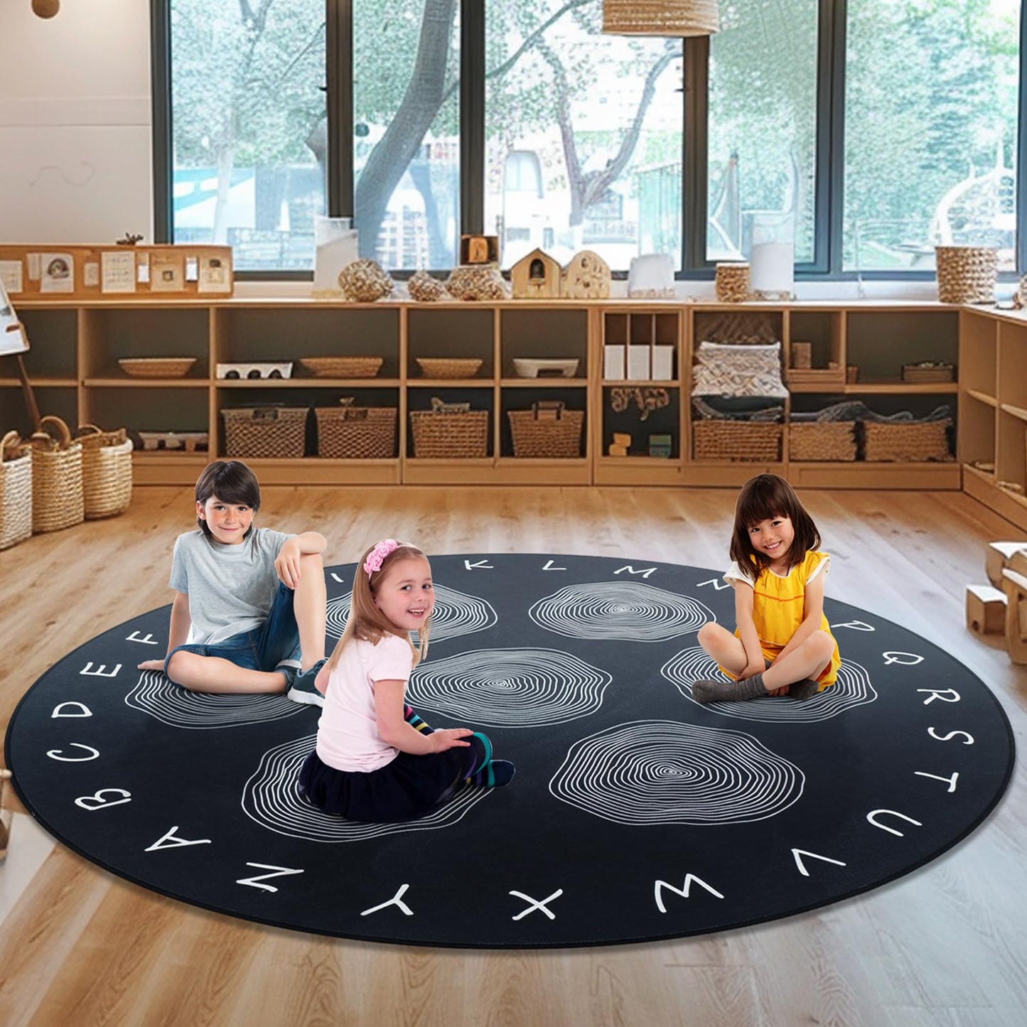 Large Classroom Rugs, ABC Alphabet Educational Area Rug for Kids,6ft Non-Slip Circle Abstract Carpet for Girls and Boys Bedroom,Carpet for Elementary Classroom,Play Rug 7 Seats,Nursery Rugs Washable