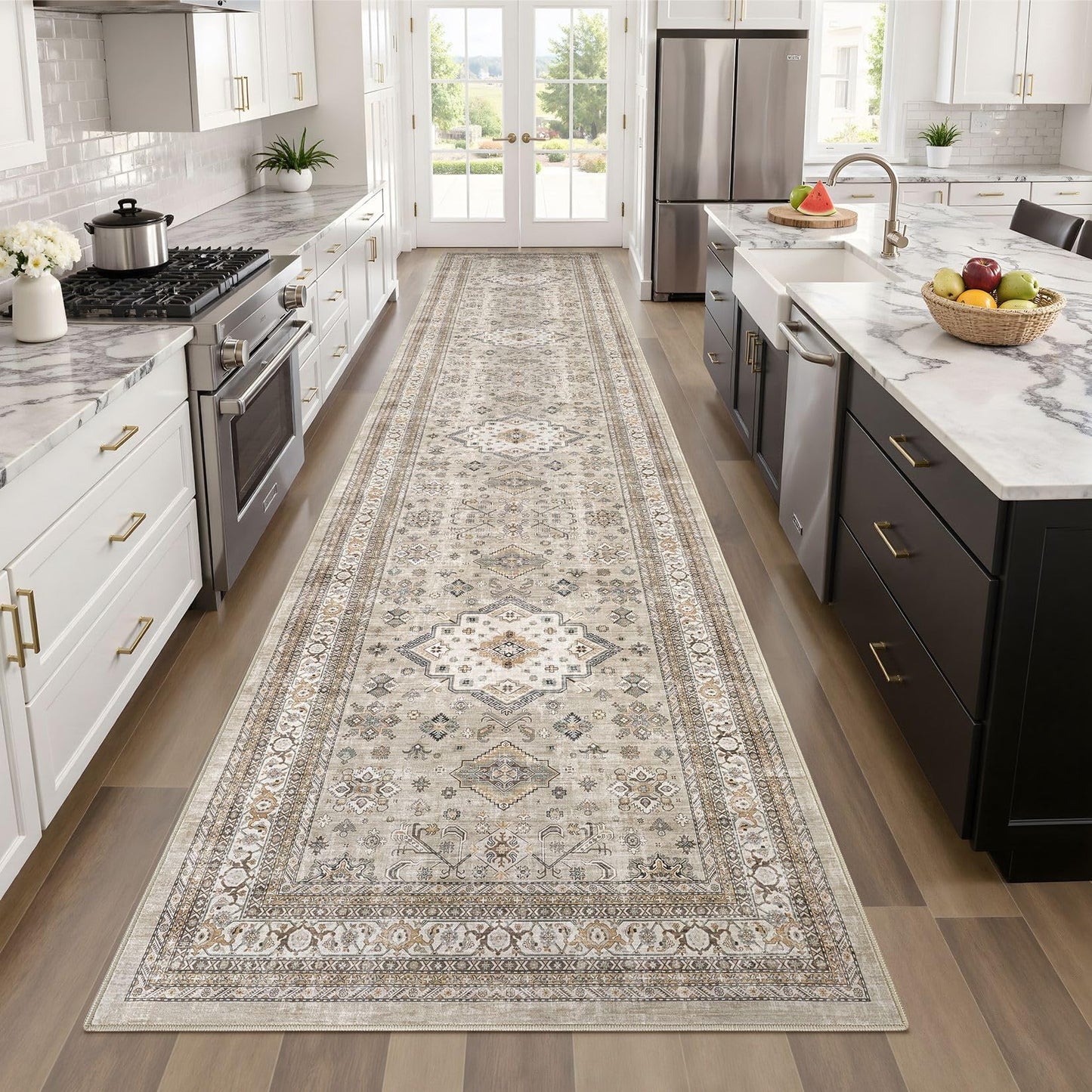 Vintage Hallway Runner Rug 3x8: Large Soft Washable Entryway for Kitchen Laundry Room Non-Slip Backing Runner for Entrance Living Room Bedroom Bathroom - Beige