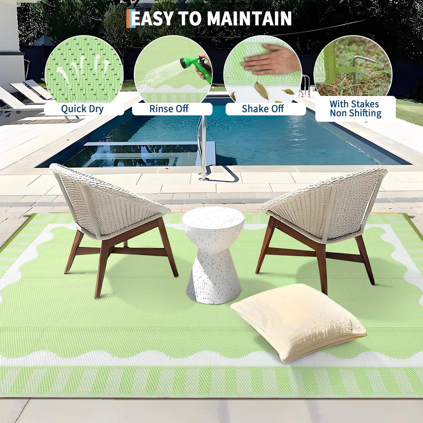 MilleLoom Outdoor Rug 9x12 Modern Scalloped Border Area Rugs for Indoor and Outdoor Patios and Porches - Waterproof, Washable, Non-Shedding, Easy-to-Clean Outside Carpet，Green/White
