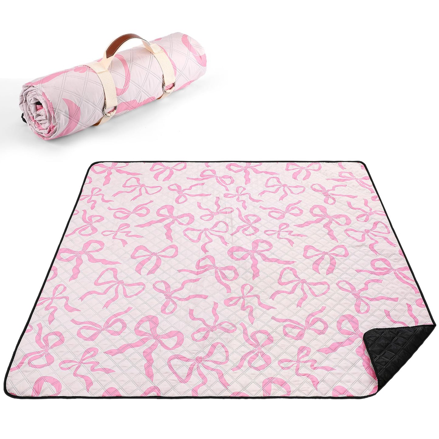 SmoothNovelty Pink Bow Picnic Blanket 80'' x 80'' Waterproof Extra Large Camping Blanket Coquette Picnic Mat Foldable Portable Preppy Outdoor Beach Mat with Carry Strap for Outdoor Grass Lawn Park