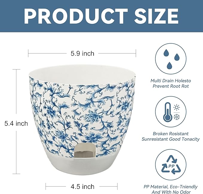 Print Flowerpots Round Plant Pots - 2 Pack Outdoor Garden Planter Plastic Indoor Modern Decorative Succulent Houseplant Pot with Drainage 5FP-BLUWHT