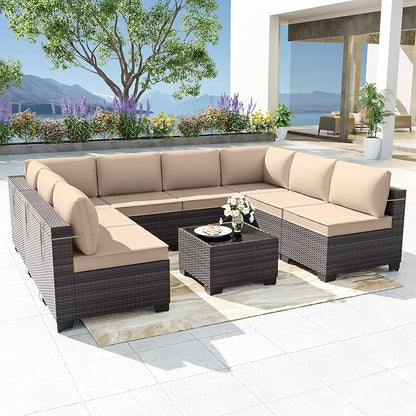 Kurapika 9 Pieces Patio Furniture Set, Rattan Wicker Outdoor Conversation Sets w/4 Inch Cushion and Glass Coffee Table(Sand)