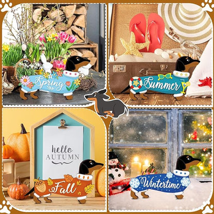 Barydat 16 Pcs Seasonal Dachshund Dog Welcome Sign Lovely Interchangeable Front Door Decoration, Wooden Rustic Holiday Door Wall Decor for Independence Day Summer Fourth of July Decoration(Dog)