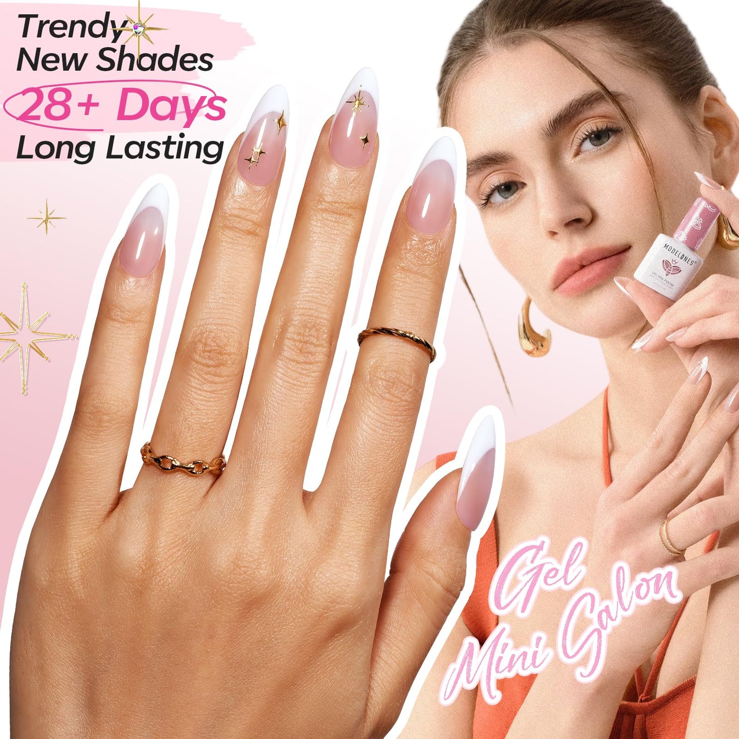 Modelones Gel Nail Polish Kit with UV Light, Milky White Nude Glitter Pink Red Gold Fall Metallic Manicure Set with Base Top Coat Star Stickers 4 Colors Gel Mini Salon Nail Art Gift for Women Girl