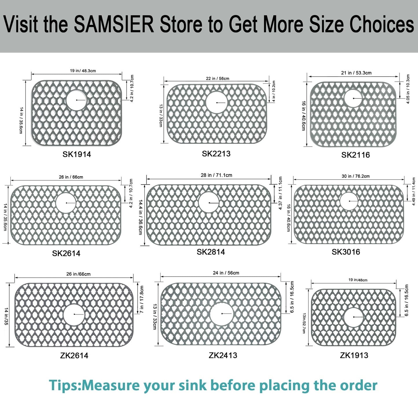 SAMSIER Silicone Sink Protectors Mats (13x11 & 14x12 & 16x12 & 18x16 & 19x14 & 21x16 & 22x13 & 25x16 & 26x14 & 28x14 & 30x16) for Bottom of Kitchen Sink (26”x14”, Rear Drain)