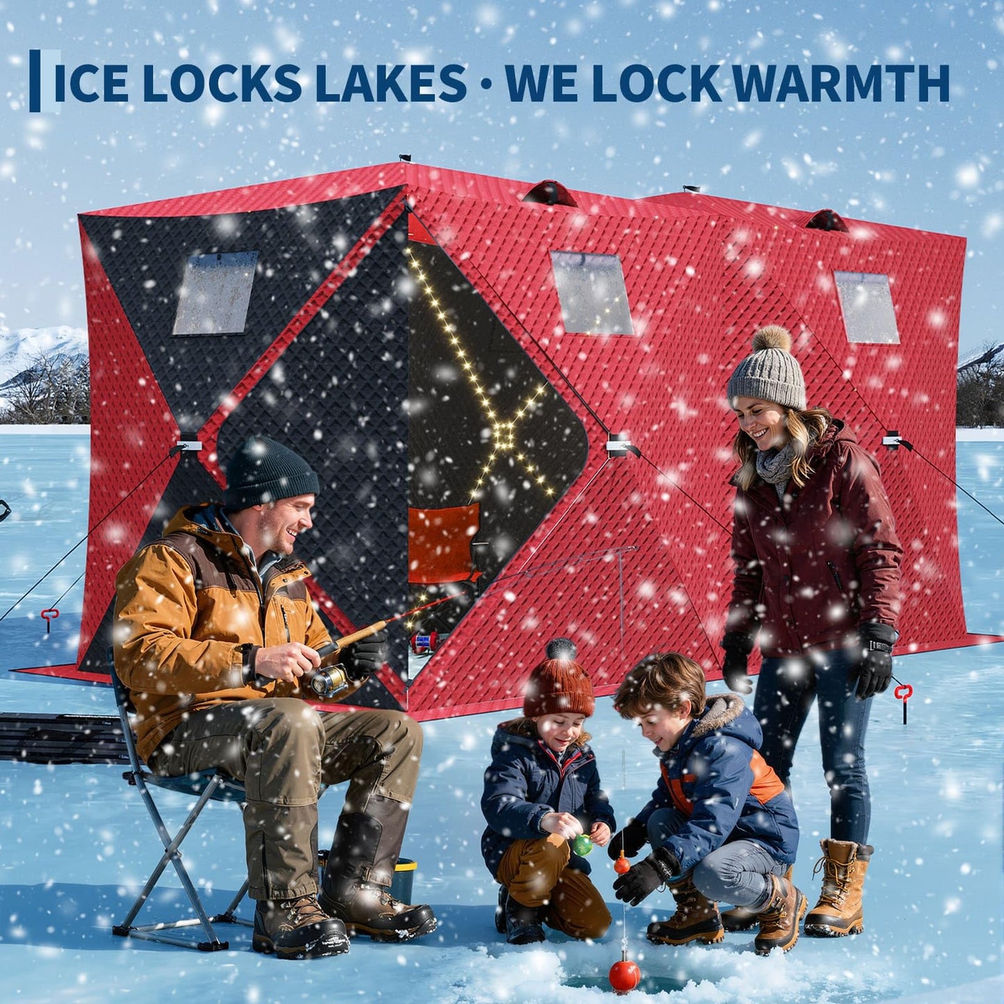 Garvee Pop Up Ice Fishing Shelter and Insulated Ice Fishing Tent with 49ft LED Light Strip, Windproof Portable Hub Design, Fits 3-4 People, 35 sq ft Fishable Area, Red+Black