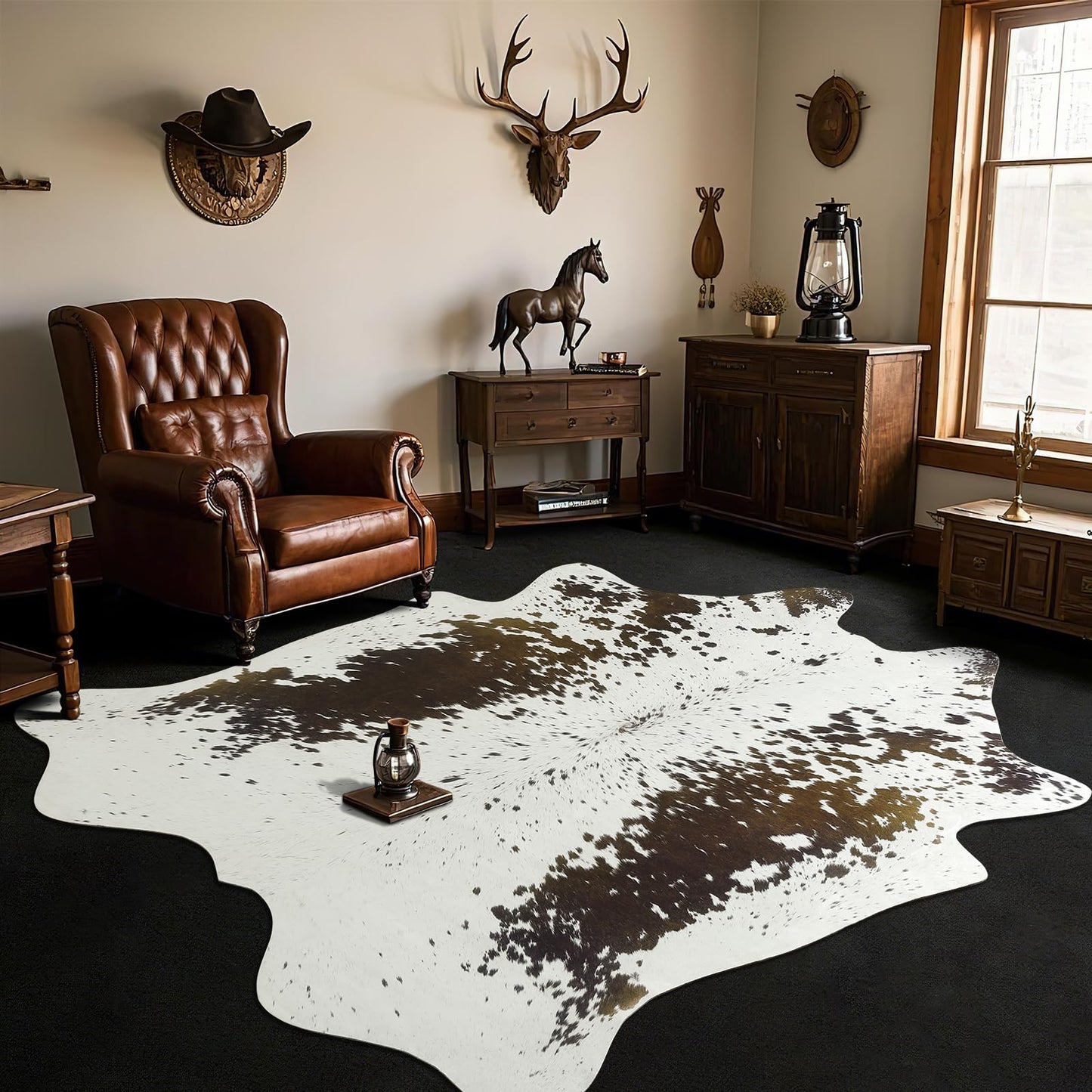 B BENRON Western Cowhide Rug, Faux Cow Hide Rugs for Living Room Bedroom Home Decor, Non Slip Cute Rug with Irregular Animal Skins and Hides, Brown and White, 5.2 x 6.2ft