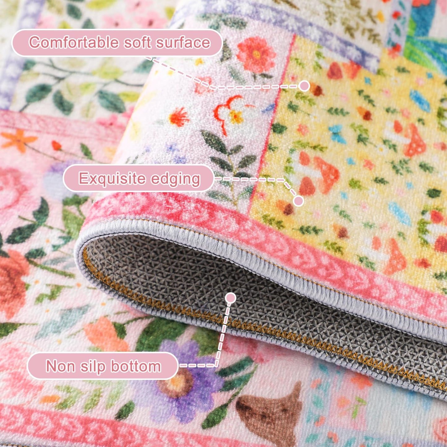 Klyyo Clyro Pink Floral Kitchen Rugs Set of 2 Cute Farmhouse Floor Mats Soft Non Slip Cushioned Washable Kitchen Rugs for Home Entrance Laundry Office Sink Spring Summer Decor, 17 x30 +17 x47