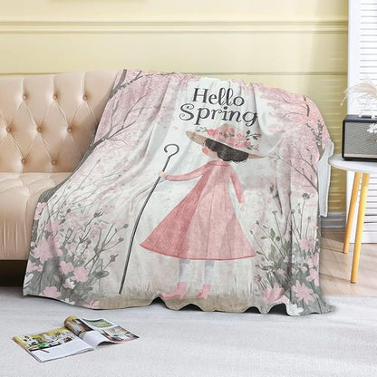Spring Blossom Fleece Blanket - 40x50in Cute Girl in a Pink Dress Throw Blankets,Soft Cozy Lightweight, Ideal for Bed Living Room Home Whimsical Decor and Kids Women Gifts