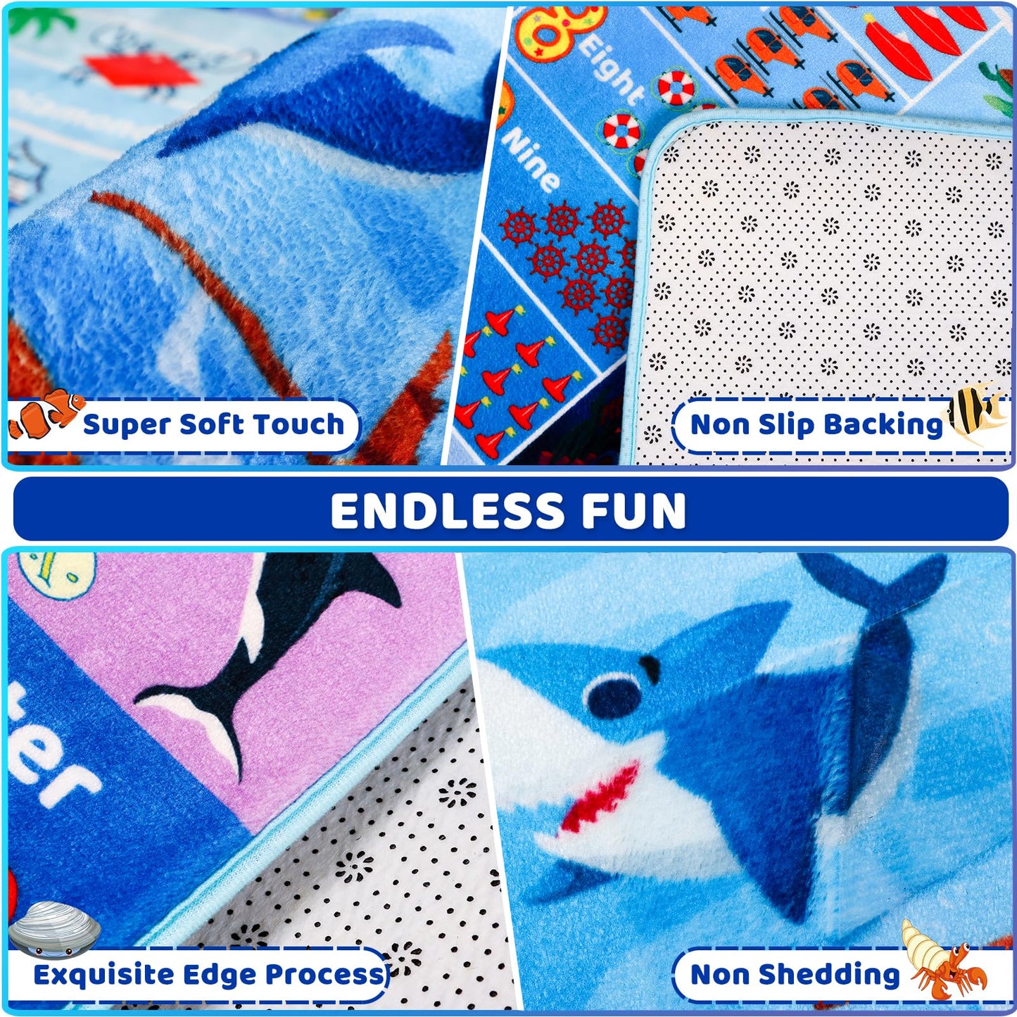 DINSUMRUG 3'3"×5' Interactive Ocean World Learning Rug with ABC, Sea Animals, Numbers & Shapes for & Preschoolers, Washable Non-Slip Carpet for Playroom, Nursery & Homeschool
