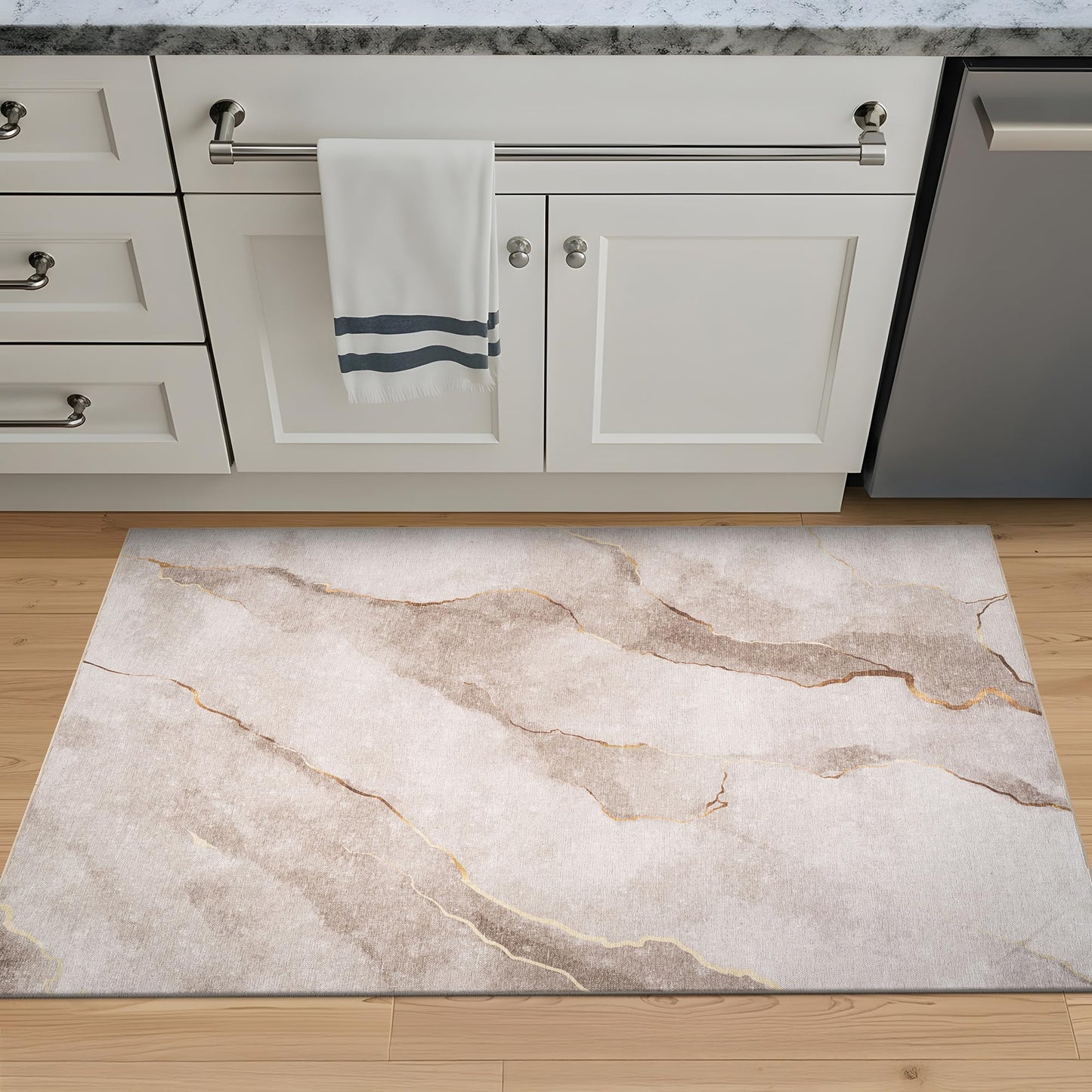 Bloom Rugs Caria Washable Non-Slip 3x5 Rug - Ivory/Gold Modern Abstract Area Rug for Living Room, Bedroom, Dining Room, and Kitchen - Exact Size: 3' x 5'
