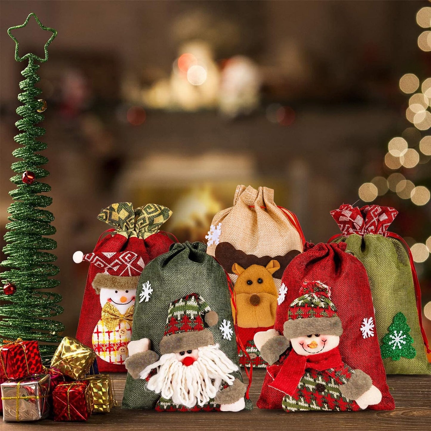 Whaline Drawstring Christmas Doll Bags 3D Xmas Gift Bags Snowman Red Treat Pouch Bag Sack Stockings Party Favor Bag 8 x 11in, 8 x 12in (5 Pack)