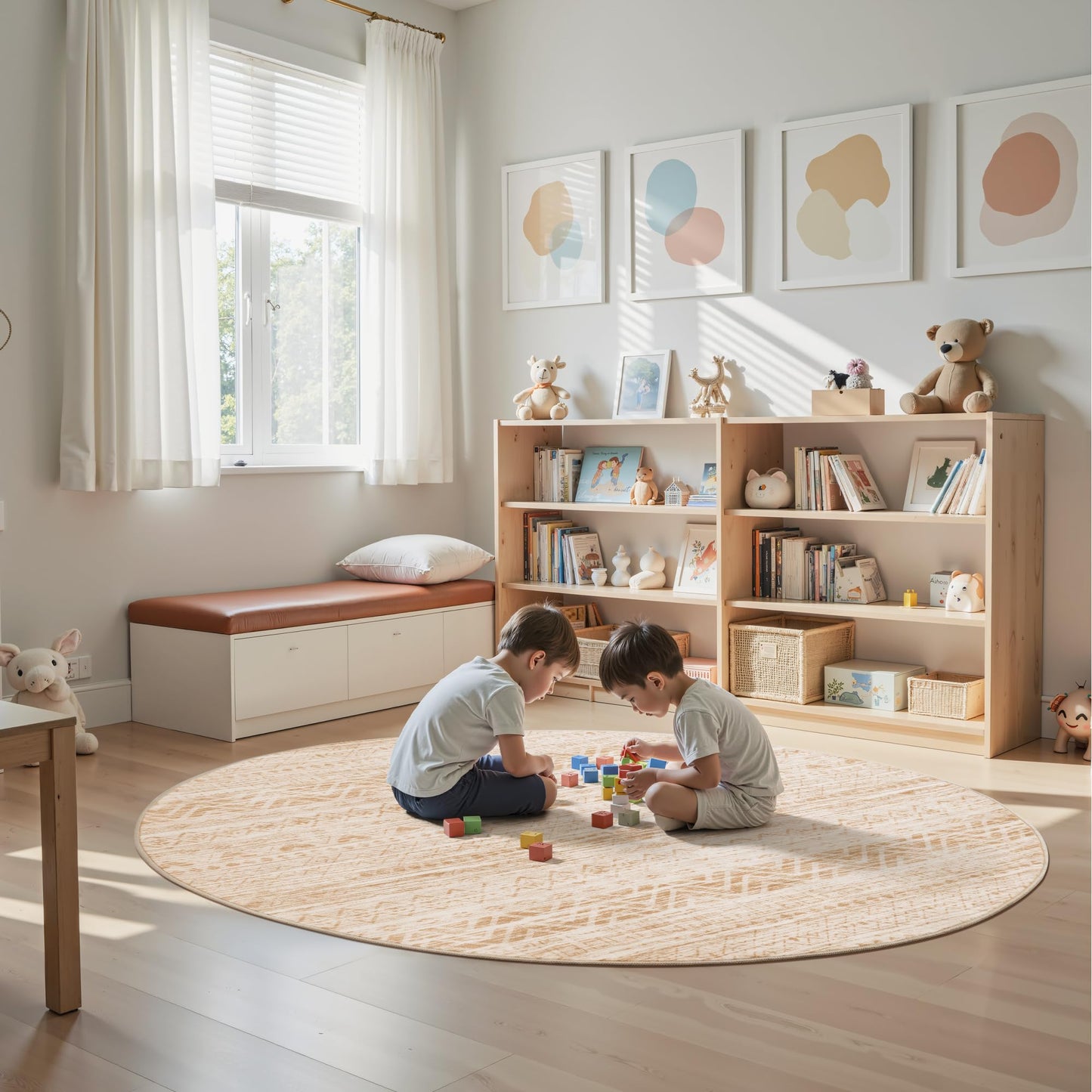 Miukiki Round Rugs 6ft for Living Room Moroccan Washable Circle Rug Non Slip Indoor Floor Carpet Foldable Area Rug for Dining Room with Low Pile(Beige,6'x6')