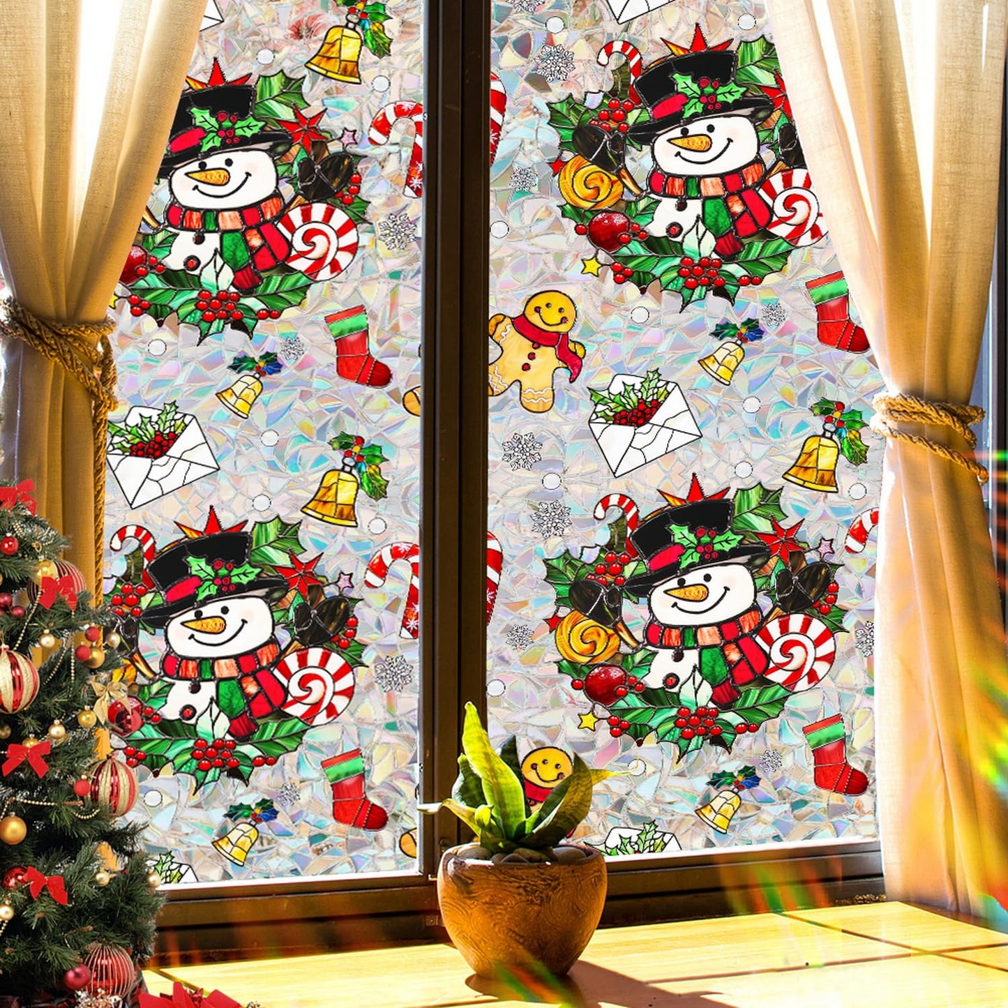 Christmas Window Film Decorative Snowman Gingerbread Man Xmas Red Berry Designs Stained Static Glass Window Clings Stickers for Home Office Living Room Bedroom Glass Windows Door Decor 17x 39.3 Inch