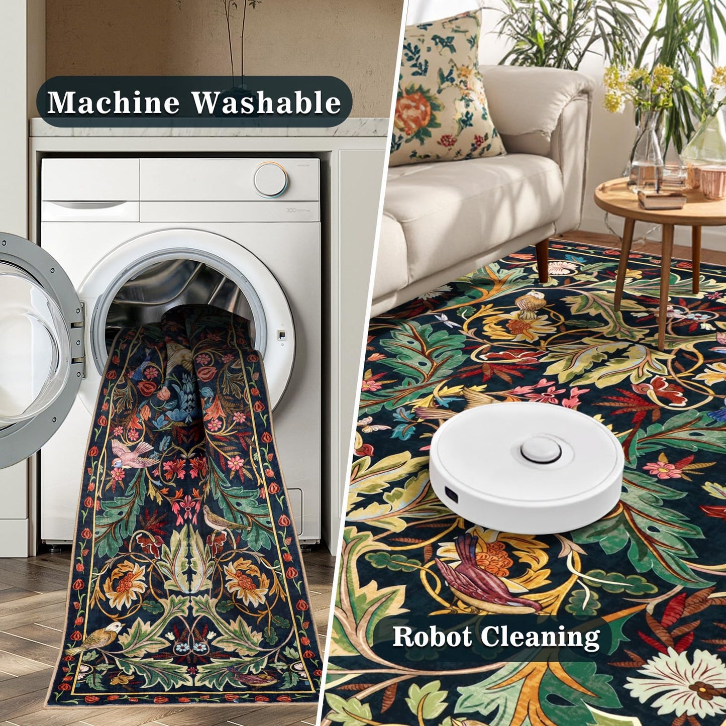 nesrt Boho Washable 3x10 Hallway Runner Rugs, Non Slip Floral Birds Long Kitchen Runners, Soft Jungle Birds Floor Carpet for Entryway, Low Pile Decor Rug for Hall Laundry Bedroom Bathroom (Dark Green)