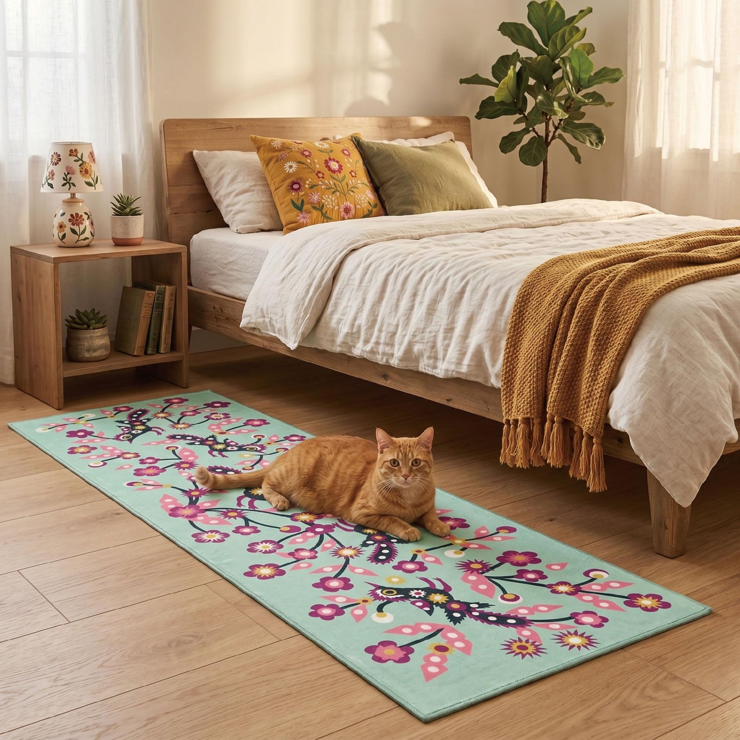 Jianhua Goddess 2x6 Runner Rug, Magpies Pattern Series Inspired by Ku Shulan Paper-Cut, Machine Washable Indoor Floral Folk Art Accent Rug with Non-Slip Backing for Hallway, Entryway, Bedside