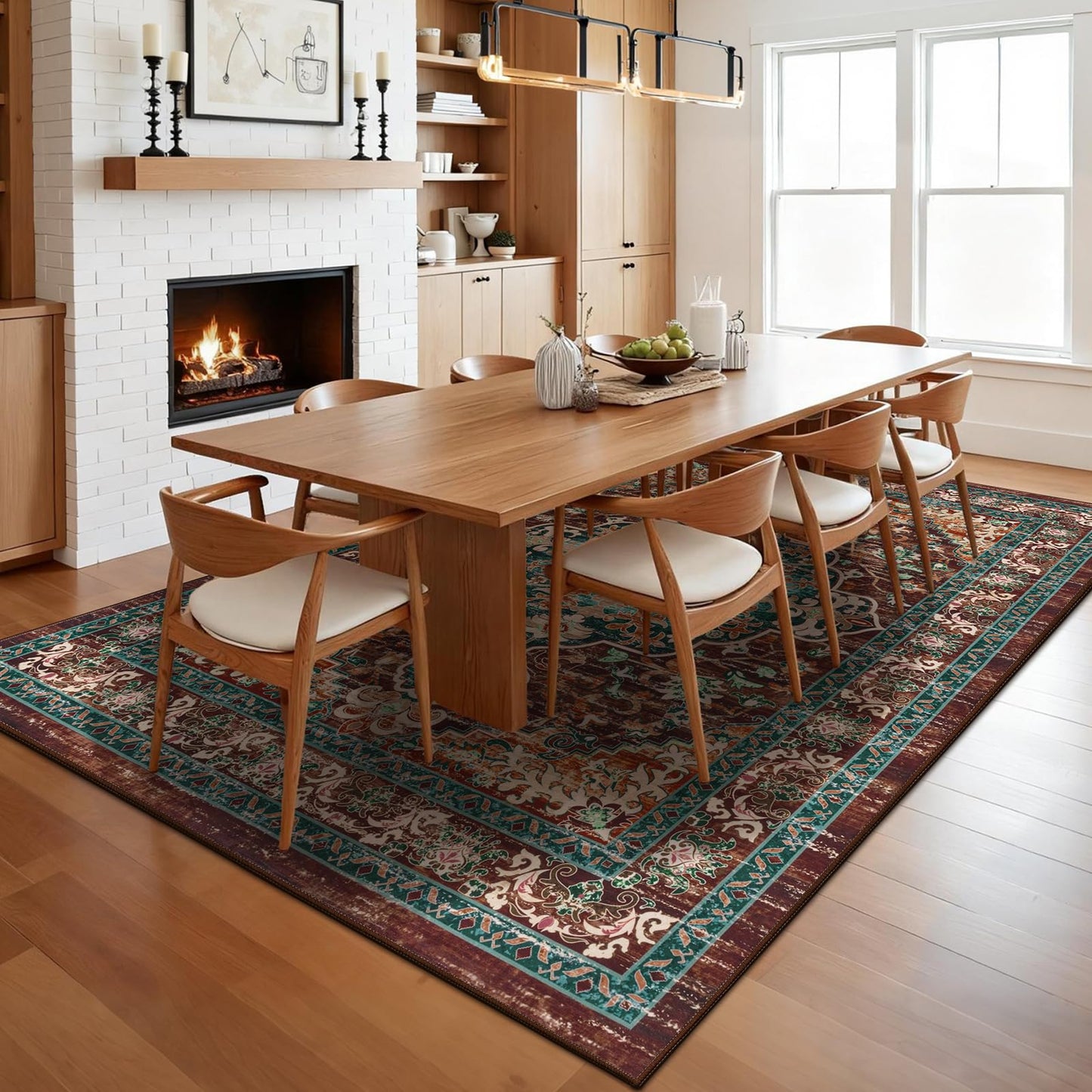 U'Artlines Boho Vintage Area Rug 5x7 Machine Washable Low Pile Ultra-Thin Soft Floor Carpet Non Slip Non Shedding Accent Rug for Living Room Bedroom Entryway Dining Room Office(Rust＆Teal)
